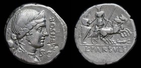 L. Farsuleius Mensor, 76 BCE, AR denarius. Rome, 3.82g, 18mm.
Obv: MENSOR / S C; Diademed and draped bust of Libertas right; pileus and control mark ...