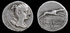 C. Postumius, AR denarius, issued 73 BCE. Rome, 3.66g, 18mm.
Obv: Draped bust of Diana right, quiver and bow over shoulder
Rev: Hound running right,...