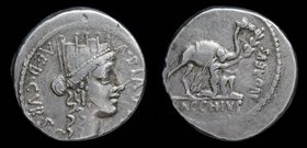 A. Plautius, 55 BCE, AR denarius. Rome, 4.03g, 18mm.
Obv: A•PLAVTIVS AED•CVR•S•C; Turreted head of Cybele right
Rev: IVDAEVS / BACCHIVS; Bacchius Ju...