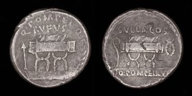 Q. Pompeius Rufus, AR denarius, issued 54 BCE. Rome, 3.83g, 18mm. Obv: Curule chair between arrow and laurel branch.
Rev: Curule chair between lituus...
