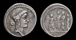 Marcus Junius Brutus, AR denarius, issued 54 BCE. Rome, 4.04g, 20mm.
Obv: Head of Libertas right 
Rev: The consul Lucius Junius Brutus walking left ...