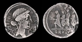 Marcus Junius Brutus, AR denarius, issued 54 BCE. Rome, 3.32g, 18mm.
Obv: Head of Libertas right 
Rev: The consul Lucius Junius Brutus walking left ...