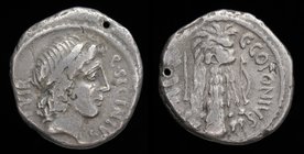 Q. Sicinius and C. Coponius, 49 BCE, AR Denarius. Military mint moving with Pompey, 3.52g, 18mm.
Obv: Q SICINIVS; Diademed head of Apollo right; III ...