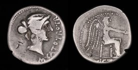 M. Porcius Cato, AR denarius, issued 47-46 BCE. Africa, 3.57g, 18mm.
Obv: M CATO PRO PR Draped female bust r. 
Rev: Victory seated r., holding pater...