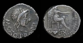 M. Porcius Cato, AR quinarius, issued 47-46 BCE. Africa, 1.94g, 13.5mm.
Obv: M CATO PRO PR, Ivy-wreathed head of Liber r. 
Rev: Victory seated r., h...