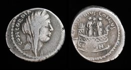 L. Mussidius Longus, AR denarius, issued 42 BCE. 3.75g, 19mm.
Obv: CONCORDIA, Diademed and veiled head of Concordia right
Rev: L MVSSIDIVS LONGVS, S...