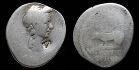 Divus Julius Caesar, AR denarius, issued 40 BCE; moneyer Q Voconius Vitulus, quaestor. Rome, 3.36g, 20.5mm.
Obv: Anepigraphic; Laureate head right, b...