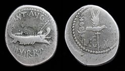 Mark Antony, AR denarius, issued 32-31 BCE. Military mint moving with Antony, 3.35g, 18-20mm. 
Obv: ANT • AVG III • VIR • R • P • C, galley to right...