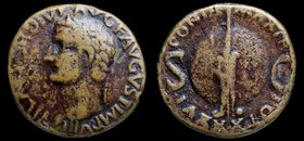 Tiberius (14-37) AE as, issued 34-35. Rome, 10.37g, 26mm.
Obv: TI CAESAR DIVI AVG F AVGVST IMP VIII; Laureate head of Tiberius to left
Rev: PONTIF M...