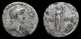 Nero (54-68), AR denarius, issued 60-61. Lugdunum, 3.14g, 18mm.
Obv: NERO CAESAR AVG IMP; Bare head right.
Rev: PONTIF MAX TR P VII COS IIII P P / E...