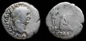Vespasian (69-79) AR denarius, issued Dec. 69-early 70. Rome, 2.96g, 18.5mm.
Obv: IMP CAESAR VESPASIANVS AVG, laureate head right. 
Rev: Judea seate...