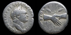 Titus as Caesar (69-79) AR denarius, issued 73. Rome, 2.95g, 19mm.
Obv: T CAES IMP VESP PON TR POT CENS; Laureate Head of Titus right
Rev: FIDES PUB...