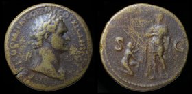 Imitation of Domitian (81-96) AE Sestertius. 23.55g, 33mm.
Obv: IMP CAES DOMIT AVG GERM COS XI CENS POT P P, laureate bust right, wearing aegis
Rev:...