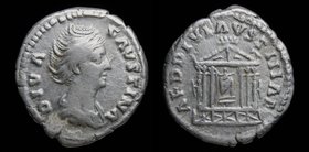 Diva Faustina, died 141, AR denarius. Rome, 3.25g, 18mm.
Obv: DIVA FAVSTINA, draped bust right
Rev: AED DIV FAVSTINAE, hexastyle temple in which is ...