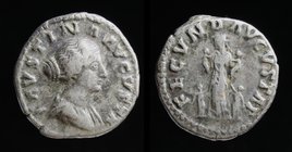 Faustina II (147-75), AR Denarius, issued under Marcus Aurelius 161-175. Rome, 3.28g, 17mm.
Obv: FAVSTINA - AVGVSTA, draped bust r., hair knotted beh...
