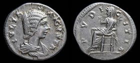 Julia Domna (193-217), AR denarius, issued 196-202. Laodicea, 2.83g, 17-19mm. 
Obv: IVLIA AVGVSTA; Draped bust right. 
Rev: PVDICITIA; Pudicitia sea...