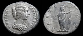 Julia Domna (193-211), AR denarius, issued 196-211. Rome, 2.89g, 17mm.
Obv: IVLIA AVGVSTA; draped bust r.
Rev: LAETI - TIA; Laetitia standing l., ho...