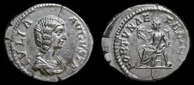 Julia Domna (193-217), AR Denarius. Rome, 3.49g, 18-21mm. 
Obv: IVLIA AVGVSTA, draped bust right.
Rev: FORTVNAE FELICI, Fortuna seated left on thron...
