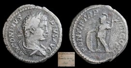 Caracalla (198-217), AR Denarius, issued 206. Rome, 3.18g, 18mm.
Obv: ANTONINVS PIVS AVG, laureate head right
Rev: PONTIF TR P VIIII COS II, Mars, i...