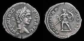 Caracalla (198-217), AR denarius, issued 208. Rome, 2.99g, 19mm.
Obv: ANTONINVS PIVS AVG, laureate head right
Rev: PONTIF TR P XI COS III, Mars in f...