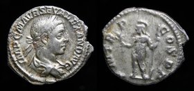 Severus Alexander (222-235), AR denarius, issue 222 (first emission). Rome, 2.59g, 18mm.
Obv: IMP C M AVR SEV ALEXAND AVG, laureate, draped and cuira...
