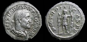 Maximinus I ‘Thrax’ (235-238) AR denarius, issued 236. Rome, 3.90g, 20mm.
Obv: MAXIMINVS PIVS AVG GERM, laureate, draped, and cuirassed bust right
R...