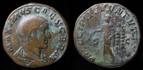 Maximus as Caesar (236-238) AE sestertius. Rome, 18.86g, 29mm.
Obv: MAXIMVS CAES GERM, bare-headed and draped bust right
Rev: PRINCIPI IVVENTVTIS, M...