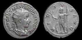 Gordian III (238-244) AR antoninianus, issued 239. Rome, 4.54g, 21mm.
Obv: IMP CAES M ANT GORDIANVS AVG, radiate, draped and cuirassed bust of Gordia...