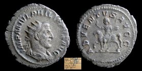Philip I (244-249), AR antoninianus. Rome, 4.36g, 23mm.
Obv: IMP M IVL PHILIPPVS AVG, radiate, draped and cuirassed bust right
Rev: ADVENTVS AVG, Ph...