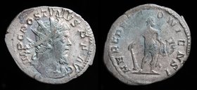 Postumus (260-269) AR Antoninianus. Cologne, 2.72g, 21-24mm.
Obv: IMP C POSTVMVS P F AVG; Radiate, draped and cuirassed bust right.
Rev: HERC DEVSON...