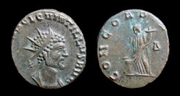 Quintillus (270) Antoninianus. Rome, 2.68g, 17.5mm.
Obv: Radiate and draped bust r.
Rev. Concordia standing l., sacrificing over altar and holding d...