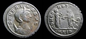 Severina (270-275) Silvered antoninianus. Rome, 3.68g, 23mm.
Obv: SEVERINA AVG, draped bust right on crescent
Rev: CONCORDIA AVGG, Aurelian and Seve...
