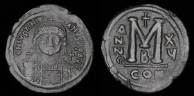 Justinian I (527-565) AE follis, issued 541/2 (year 15). Constantinople, 22.16g, 39mm. 
Obv: D N IVSTINIANVS P P AVI; Diademed, helmeted and cuirasse...