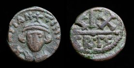 Constans II (641-668), AE Half Follis, issued 642-647. Carthage, 5.02g, 18mm.
Obv: DN CONSTANTN; Crowned bust facing, holding globus cruciger.
Rev: ...