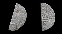 ENGLAND: John or Henry III (1199-1272), AR Cut Penny. Short Cross type. Canterbury Mint, 0.71g, 17x9mm.
Obv: (Hen)Ricvs R(EX).
Rev: SANV_ _ _ _ _ _ ...