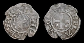 FRANCE, Sancerre: Etienne (Stephen) I (1152-1191), AR denier. 0.8g, 20mm. Obv: IVLIVS CESAR, Mitred and bearded head of Julius Caesar right
Rev: STEP...