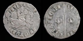 FRANCE, Duchy of Lorraine: Thiebaud II (1303-1312) AR double denier or quarter gros. Nancy mint, 1.07g, 17mm. 
Obv: +T DV X LOTOR ЄGIЄ, knight on cap...
