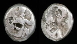 PERSIA: Time of Xerxes I to Darios II (485-420 BCE), AR Siglos. 5.43g, 13.5-15.5mm.
Obv: Persian king or hero in kneeling-running stance right, holdi...