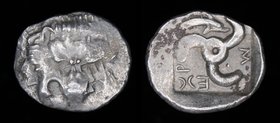 DYNASTS of LYCIA: Mithrapata (c. 390-370), AR Sixth Stater (Diobol). 1.2g, 13.6mm. 
Obv: Lion scalp facing. 
Rev: Triskeles; dolphin in one section,...