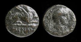 THRACE, Abdera, c. 311-280 BCE, AE13, Menan–, magistrate. 2.31g, 13mm.
Obv: Griffin lying right on club; MENAN below.
Rev: Laureate head of Apollo r...