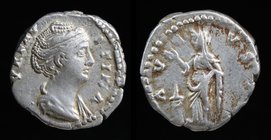 Diva Faustina I (died 140/1), AR denarius. Rome, 3.51g, 16mm.
Obv: DIVA FAVSTINA, Draped bust right.
Rev: AVGVSTA, Pietas standing left, raising han...