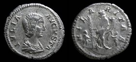 Julia Domna (193-217), AR Denarius, issued 207-211. Rome, 3.00g, 19mm. 
Obv: Draped bust right.
Rev: Hilaritas standing facing, head left, holding p...