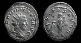 Philip I (244-249) AR antoninianus, issued 247. Rome, 3.16g, 21-24mm.
Obv: IMP PHILIPPVS AVG; Radiate, draped and cuirassed bust r.
Rev: AEQUITAS AV...