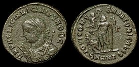 Licinius II as Caesar (317-324), AE follis, issued 317-20. Antioch, 3.4g.
Obv: Laureate and draped bust left, holding mappa, globe and sceptre
Rev: ...