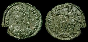 Constans (337-350), AE centenionalis, issued 348-50. Constantinople, 2.8g.
Obv: D N CONSTANS P F AVG, bust left holding globe
Rev: FEL TEMP REPARATI...