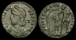 Constans (337-350), AE centenionalis, issued 348-50. Heraclea, 3.8g.
Obv: D N CONSTANS P F AVG, bust left holding globe
Rev: FEL TEMP REPARATION, SM...