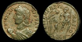 Constans (337-350), AE centenionalis, issued 348-50. Nicomedia, 3.1g.
Obv: D N CONSTANS P F AVG, bust left holding globe
Rev: FEL TEMP REPARATION, S...
