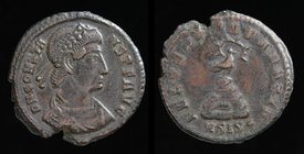 Constans (337-350), AE Follis, issued 348-50. Siscia, 2.85g, 20mm.
Obv: D N CONSTANS AVG, pearl diademed, draped and cuirassed bust right
Rev: FEL T...