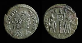 Constantius II (337-361), AE3, issued 337-41. Trier, 2nd officina, 1.85g, 16mm.
Obv: Diademed, draped, and cuirassed bust right.
Rev: Soldiers with ...