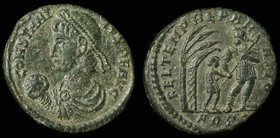 Constantius II, AE centenionalis, issued 348-50. Aquileia, 4.73g. 
Obv: CONSTANTIVS P F AVG, pearl-diademed, draped and cuirassed bust left
Rev: FEL...